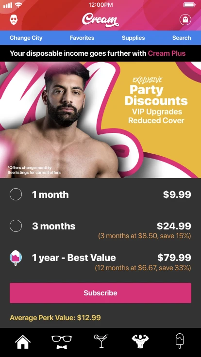 Archived Cream membership screen with pink branding, plan options, and bottom navigation