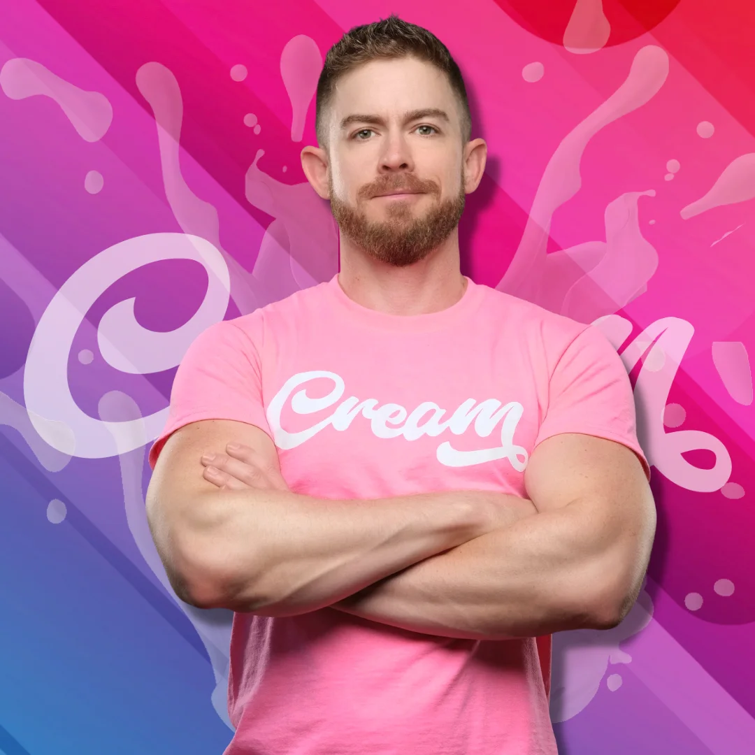 Cream team portrait 1 in pink and blue brand artwork