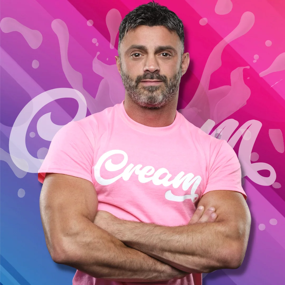 Cream team portrait 2 in pink and blue brand artwork