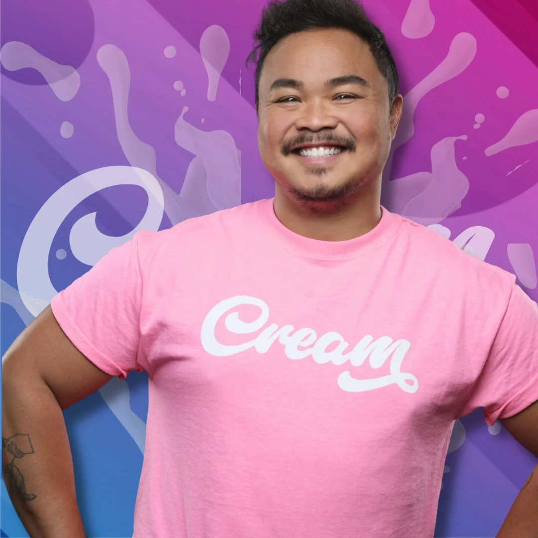 Cream team portrait 3 in pink and blue brand artwork